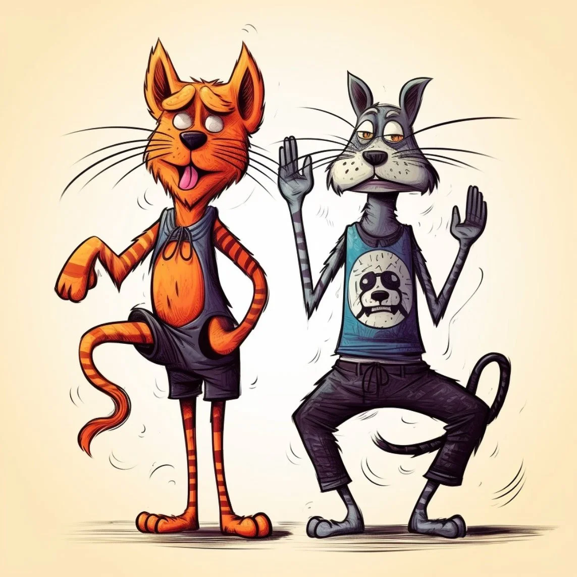 Cartoon style illustration of a weird cat and dog generated using ai Midjourney