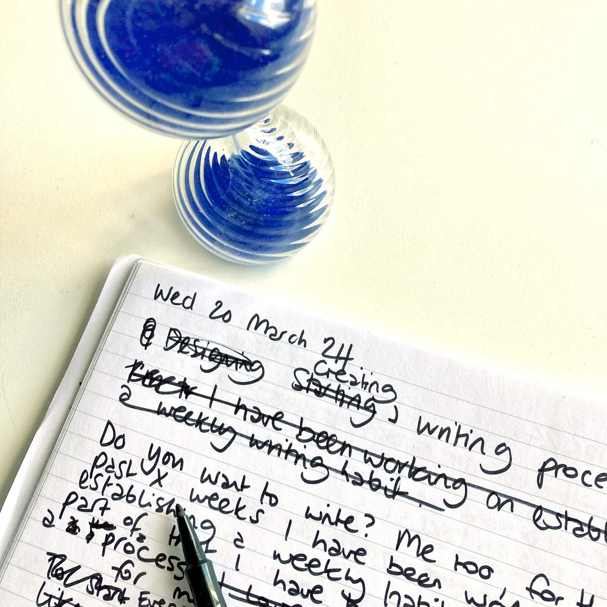 Blog article initial draft pen on paper and ten minute glass timer