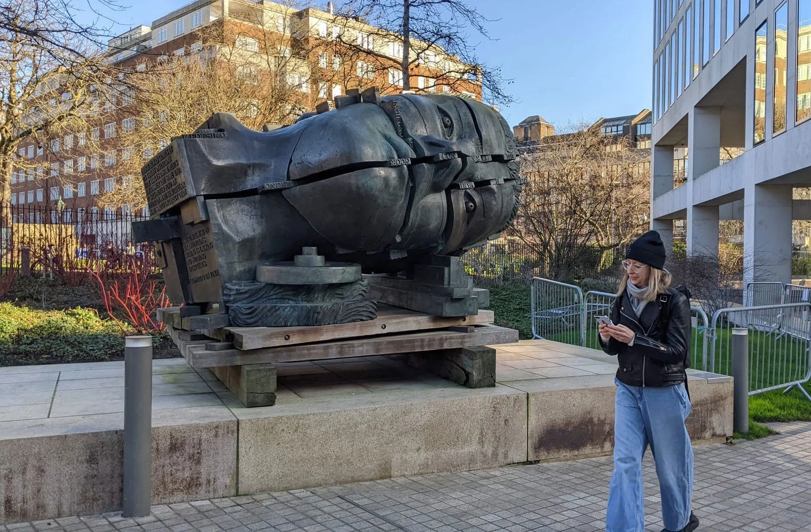 Yolander Yeo outside the sculpture at the Design Museum, London