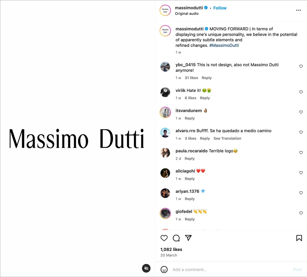 Screenshot of Massimo Dutti instagram post announcing the new logo with mixed comments