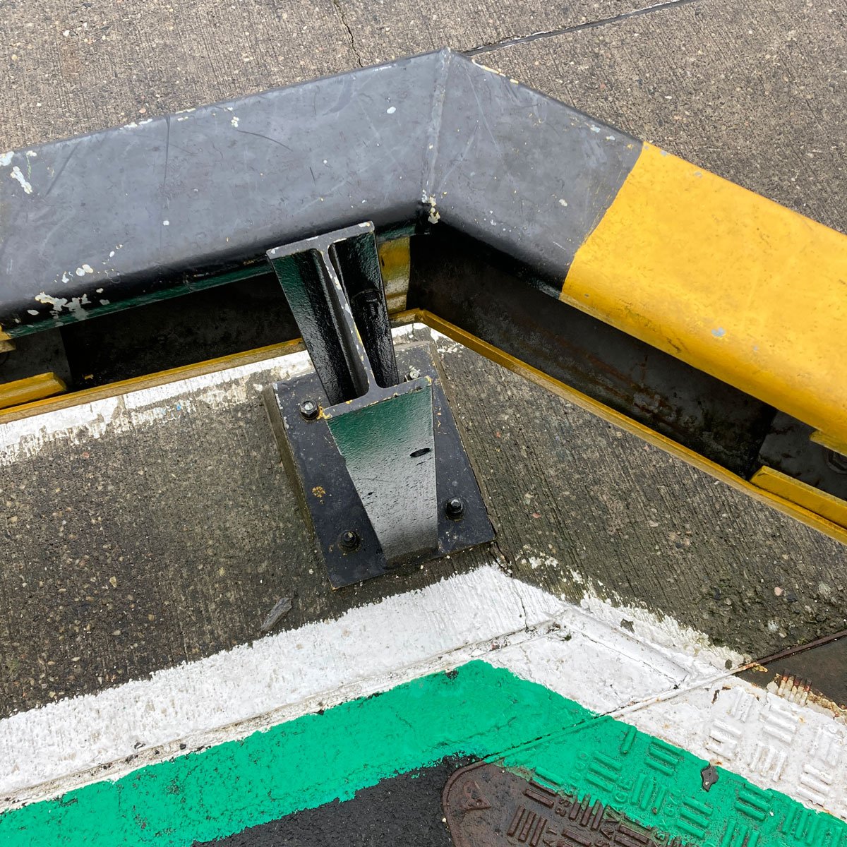 Painted lines and railings at Glasgow Airport