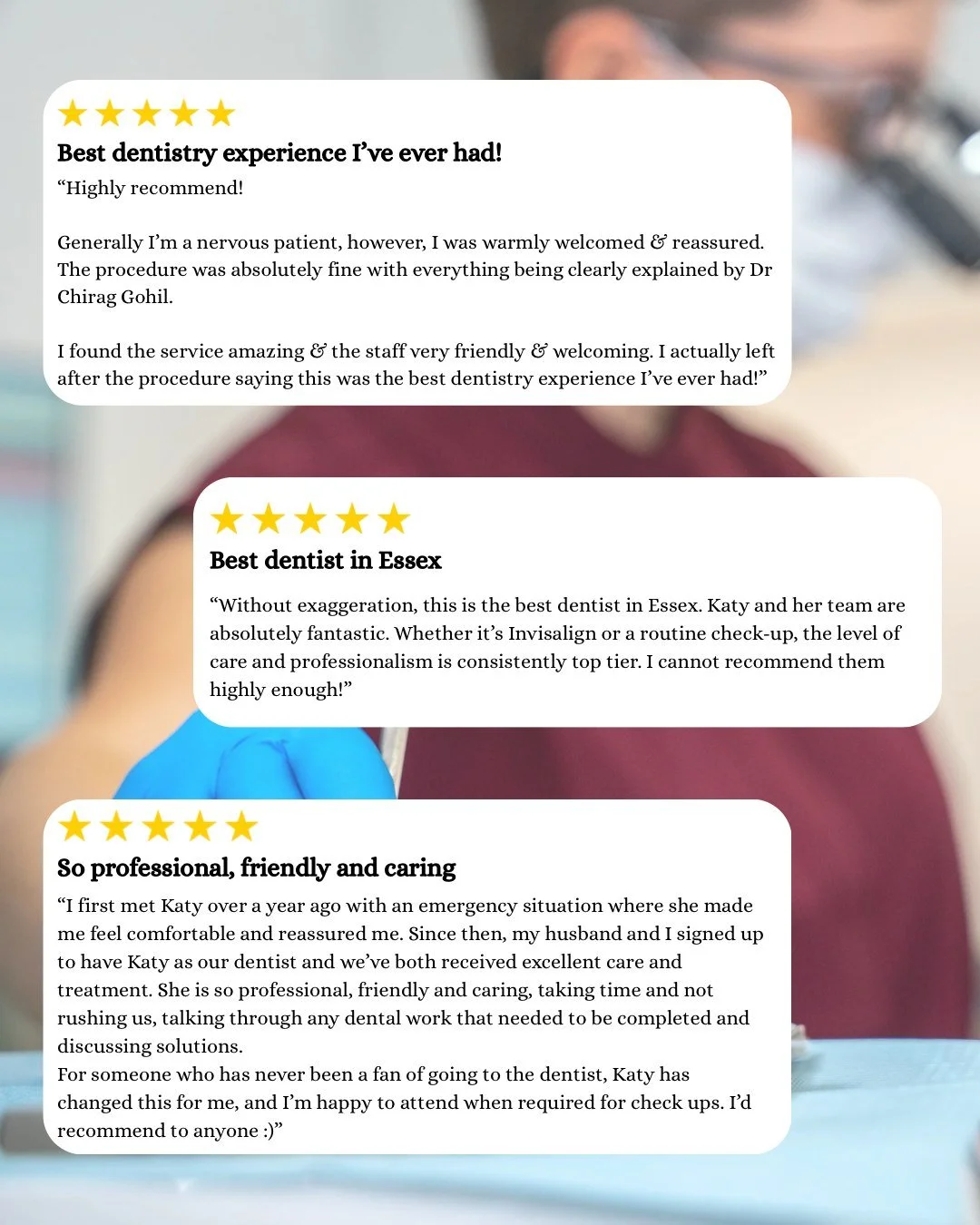 Some of our recent Google reviews ⭐️

We are so proud of our incredible team- a team that genuinely cares, goes the extra mile, and works every day to make our patients feel comfortable, confident and cared for 🫶

#dentistcolchester #dentalsmilesfla