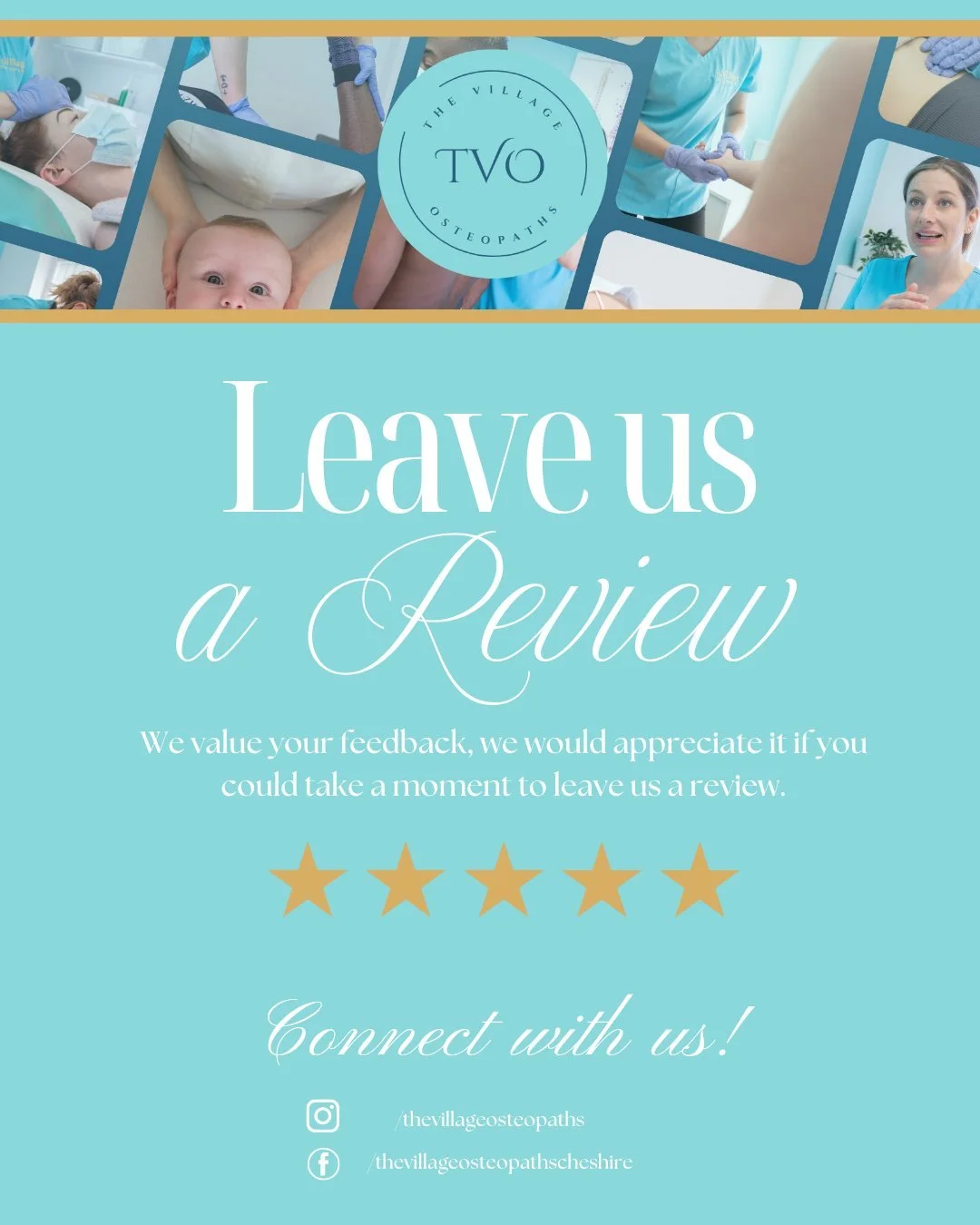 Your feedback makes a real difference. 
If you&rsquo;ve been to see us at The Village Osteopaths, we&rsquo;d love it if you could leave us a review. Reviews help our clinic grow and help future patients choose care with confidence.  Thank you for you