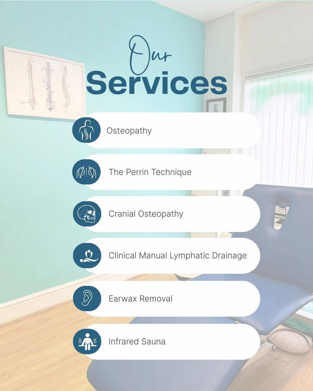 At The Village Osteopaths, we offer a range of services designed to support your health and wellbeing in different ways. 
From osteopathy and cranial osteopathy, to The Perrin Technique, clinical manual lymphatic drainage, earwax removal and our infr