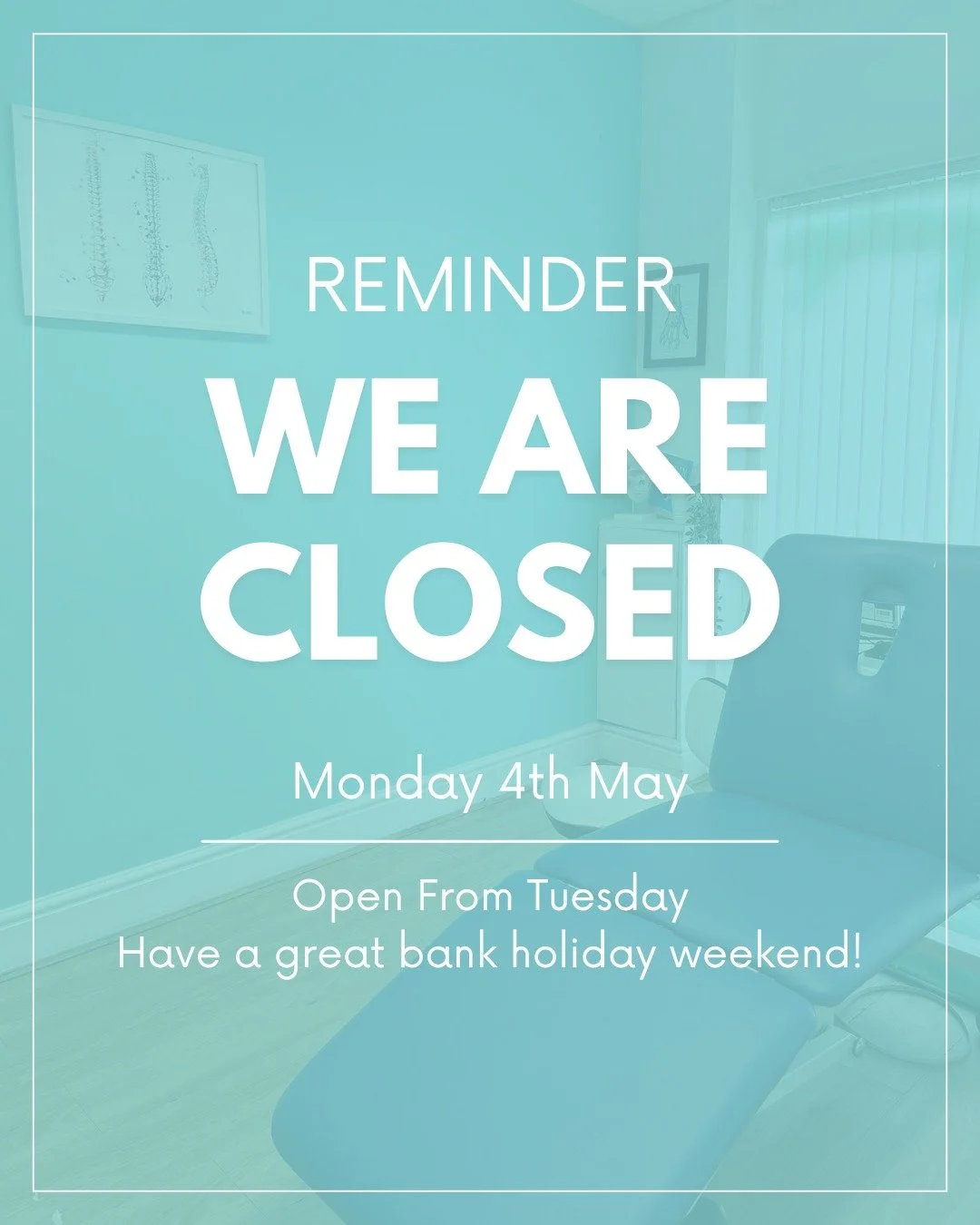 Bank Holiday reminder 🌿

The clinic will be closed on Monday 4th May and open again from Tuesday.

Wishing you all a lovely bank holiday weekend!
If you need us, online booking remains available.