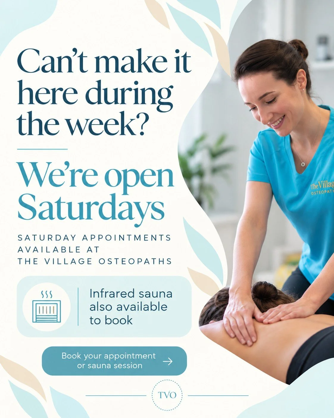 Can't make it to us during the week? No problem! 💙

We're open on Saturdays at The Village Osteopaths, making it easier to fit an appointment around work, family and everything else life throws at you.

Whether you've been putting off booking an app