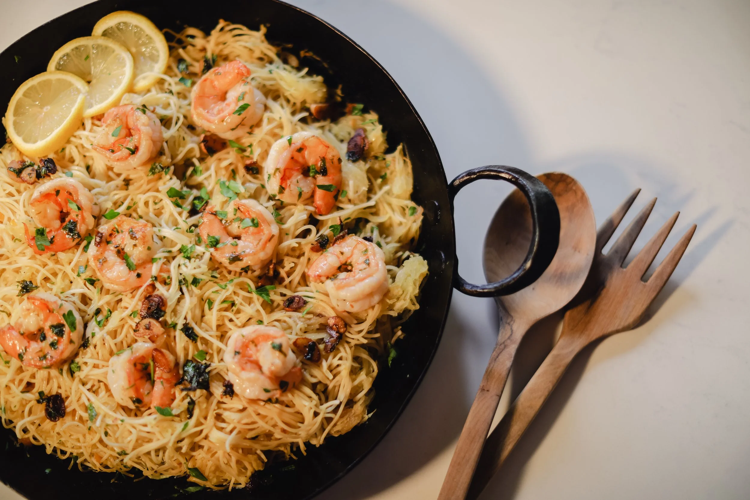 Shrimp Scampi with Spaghetti Squash and Angel Hair Noodles