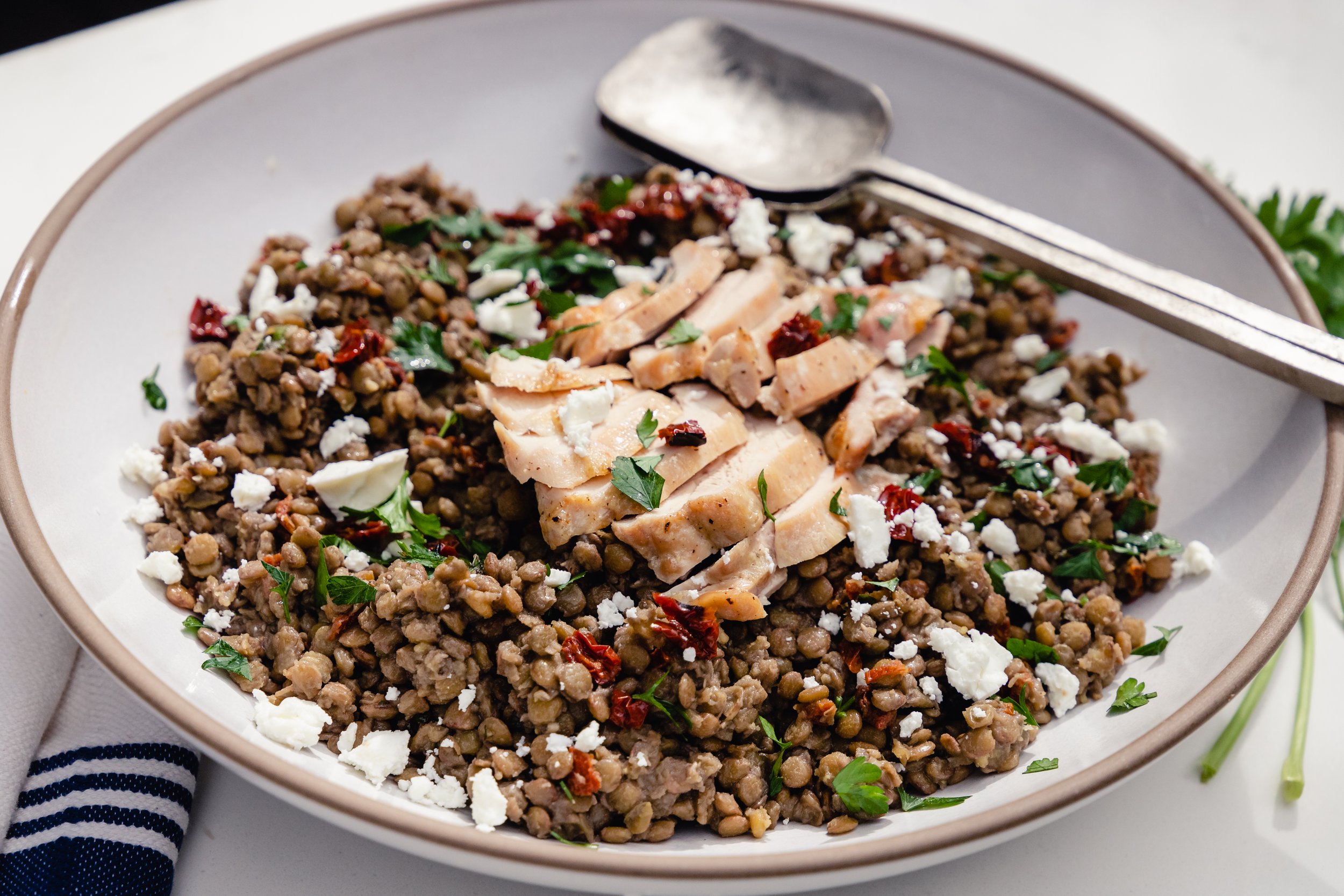 Sun-Baked Tomato, Lentil, and Tuscan Kale Salad with Roast Chicken