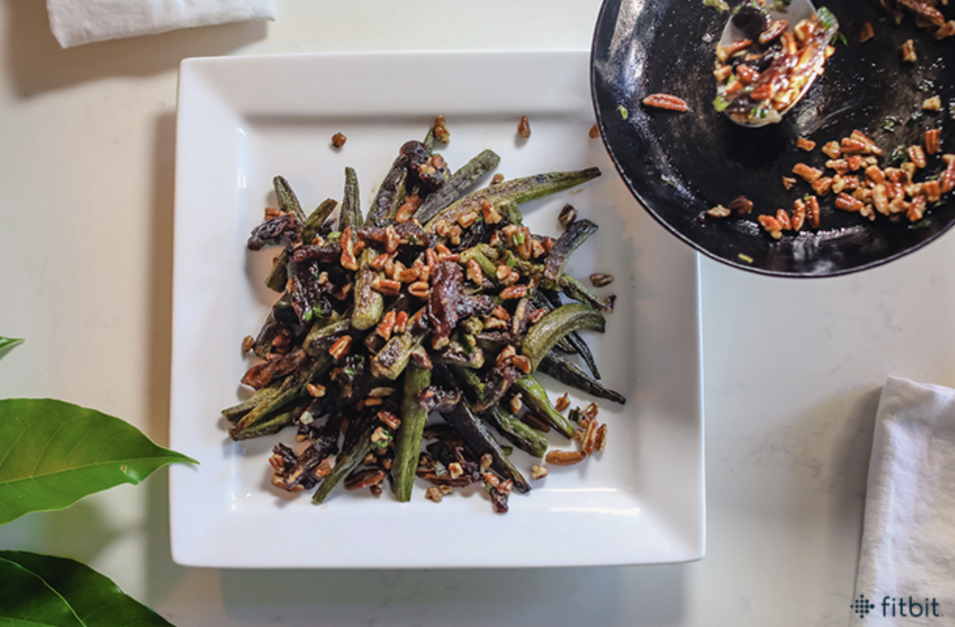 Roasted Okra with Scallions, Dates, and Pecans