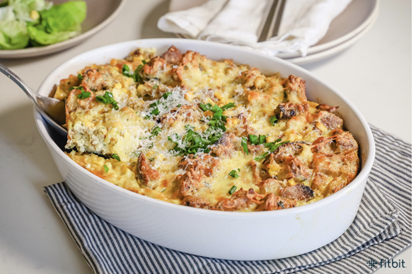 Savory Thanksgiving Leftovers Repurposed as Green Chili Bread Pudding