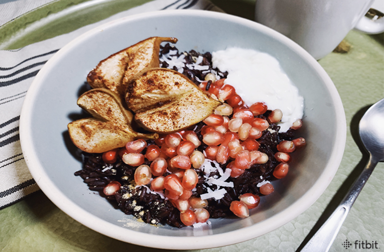 Forbidden Rice Porridge with Pomegranate &amp; Roasted Pears