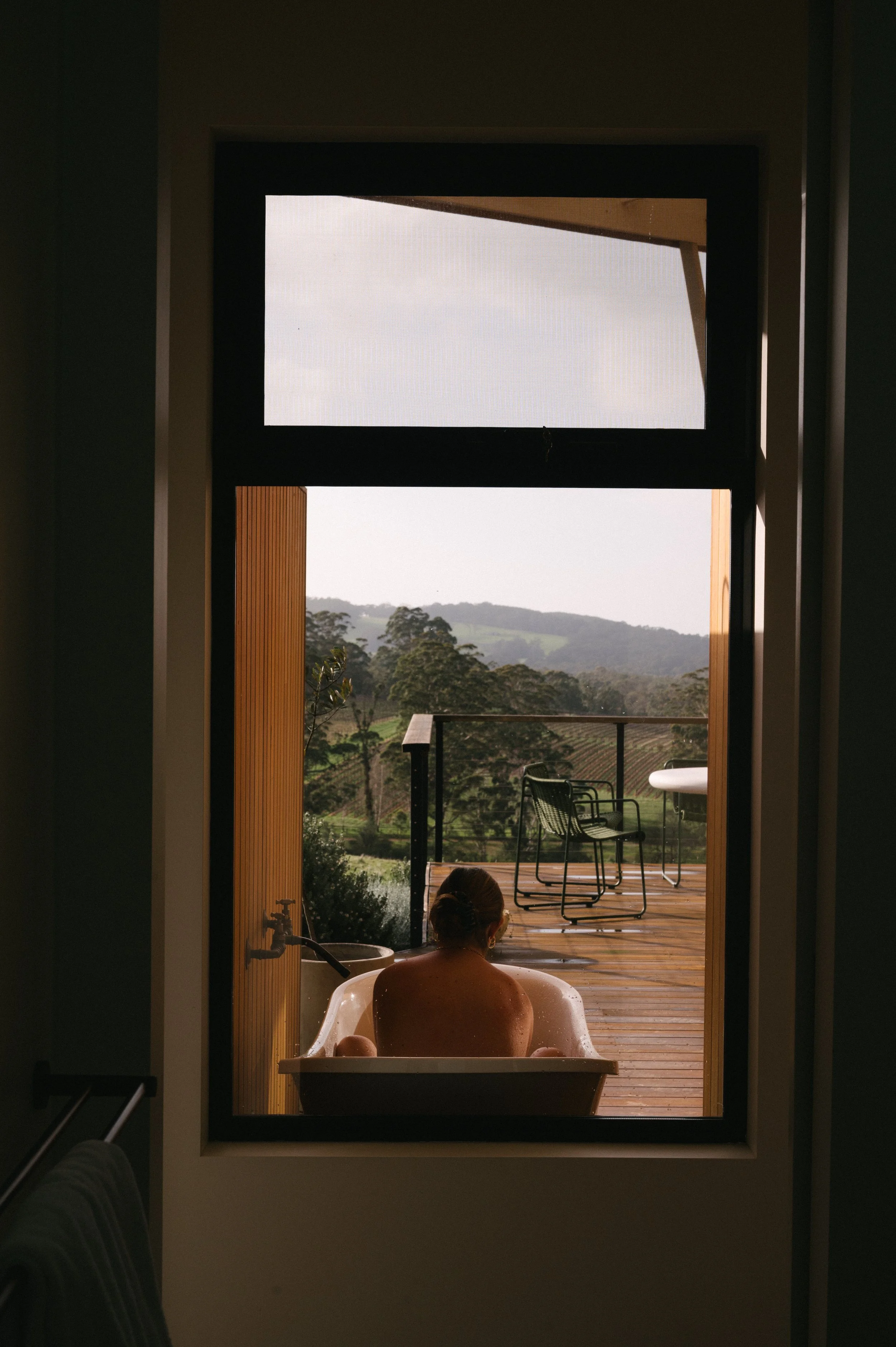 Outdoor bathtub at Cabin Vine, Upland Farm's premium two-bedroom accommodation in Denmark, Western Australia.