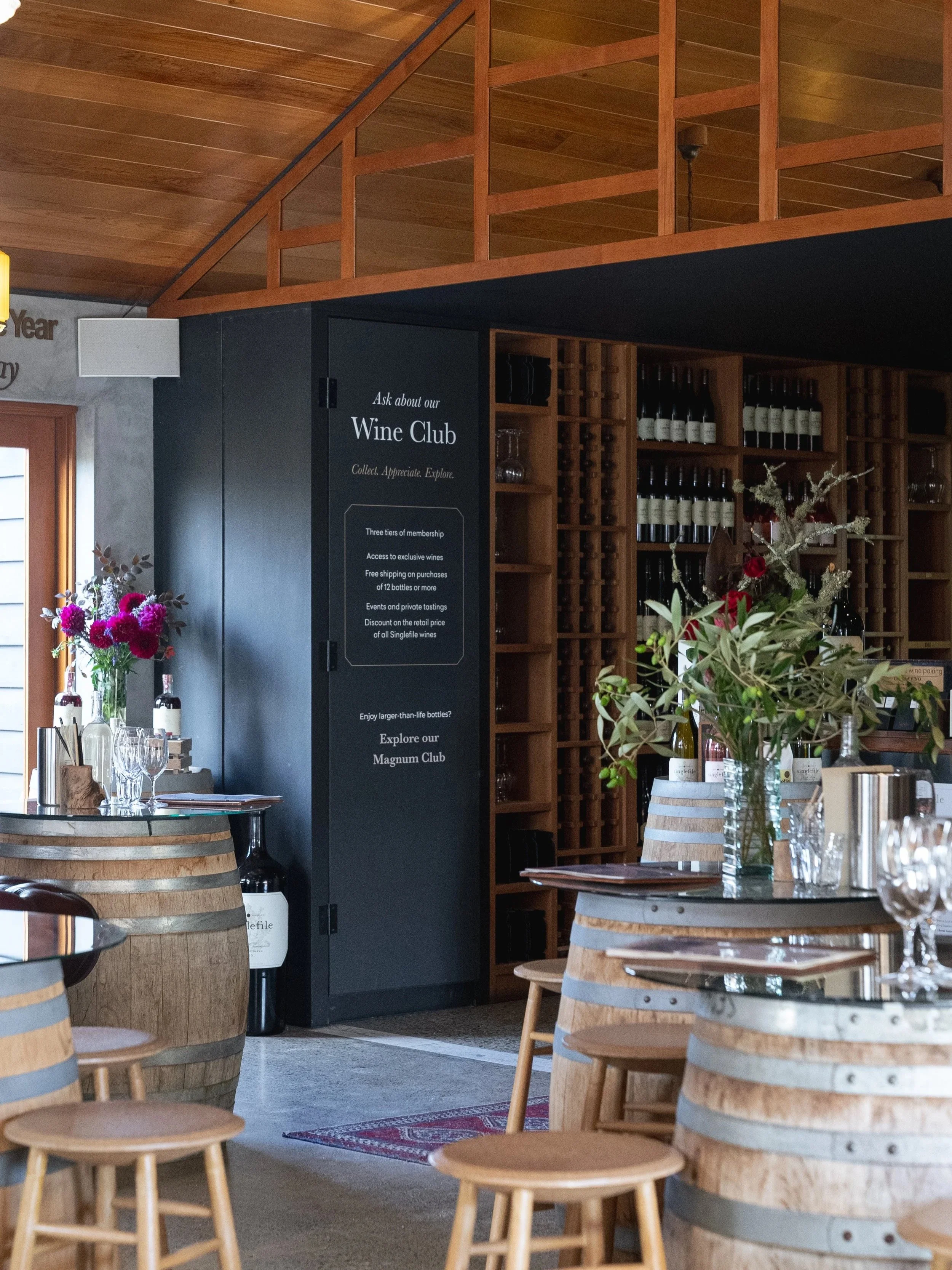 Interior of Singlefile Wines cellar door in Denmark WA with tasting area overlooking vineyard in the Great Southern region