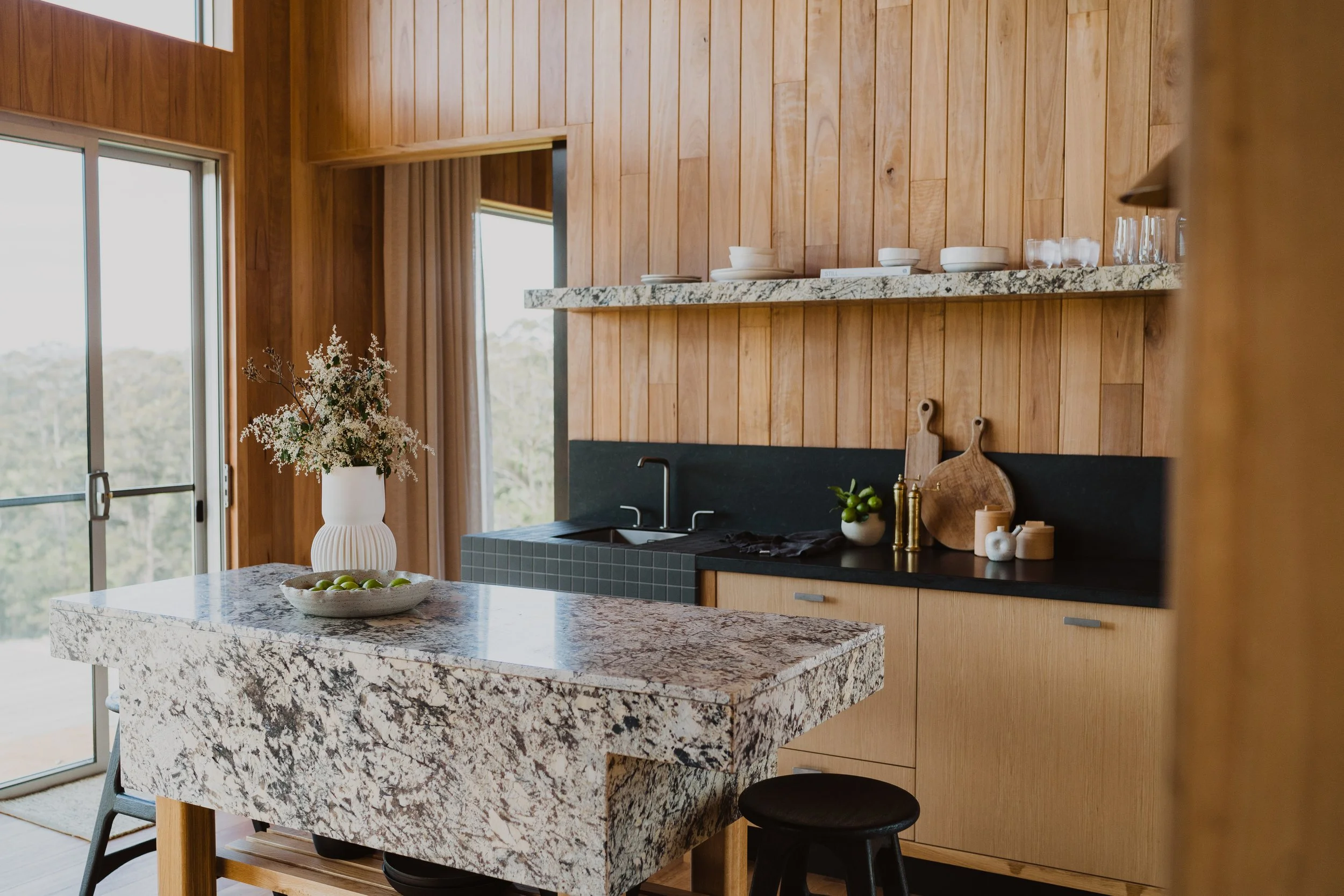 Warm and inviting interior of an Upland Farm cabin in Denmark WA with modern rural styling and relaxing atmosphere.