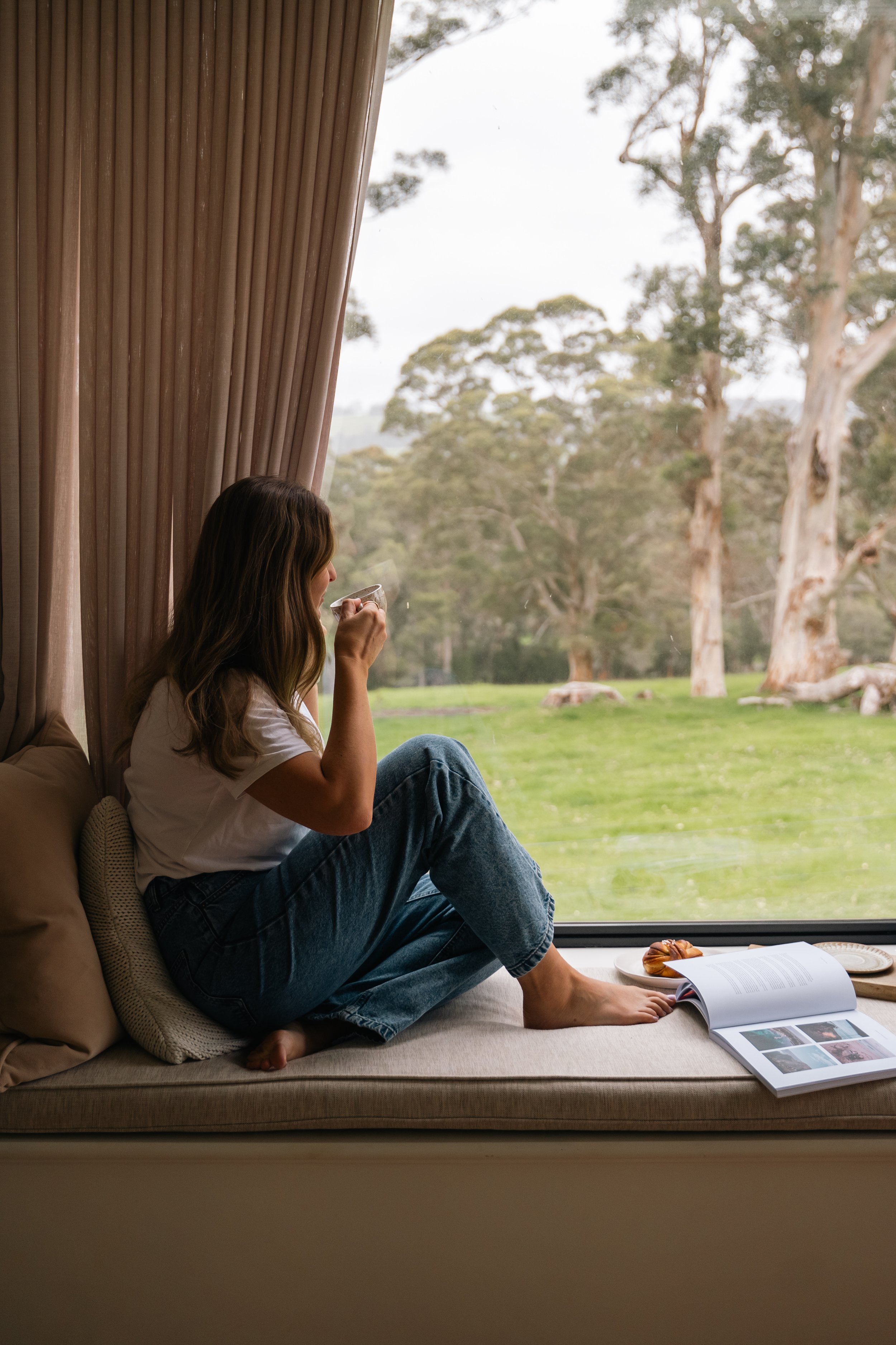 Guest enjoying a morning coffee at Upland Farm near Denmark WA