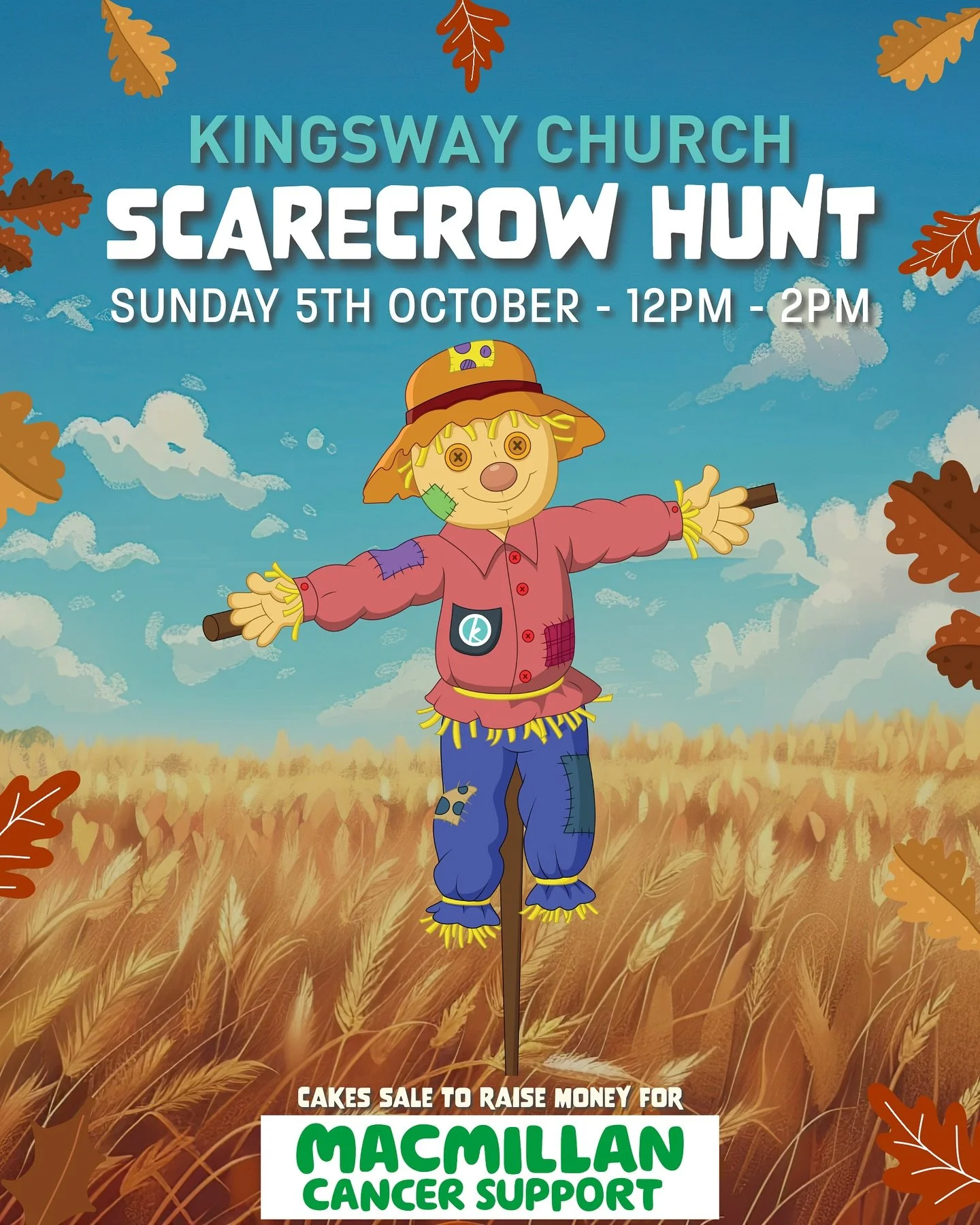 Wombourne Scarecrow Hunt - Sunday 5th October 12PM - 2PM - Kingsway Church🍂

On the 5th of October, Kingsway Church is hosting our Scarecrow Hunt around Wombourne.⁣⁣
⁣⁣
It will start at 12PM at Kingsway Church and cakes will be sold to raise money f