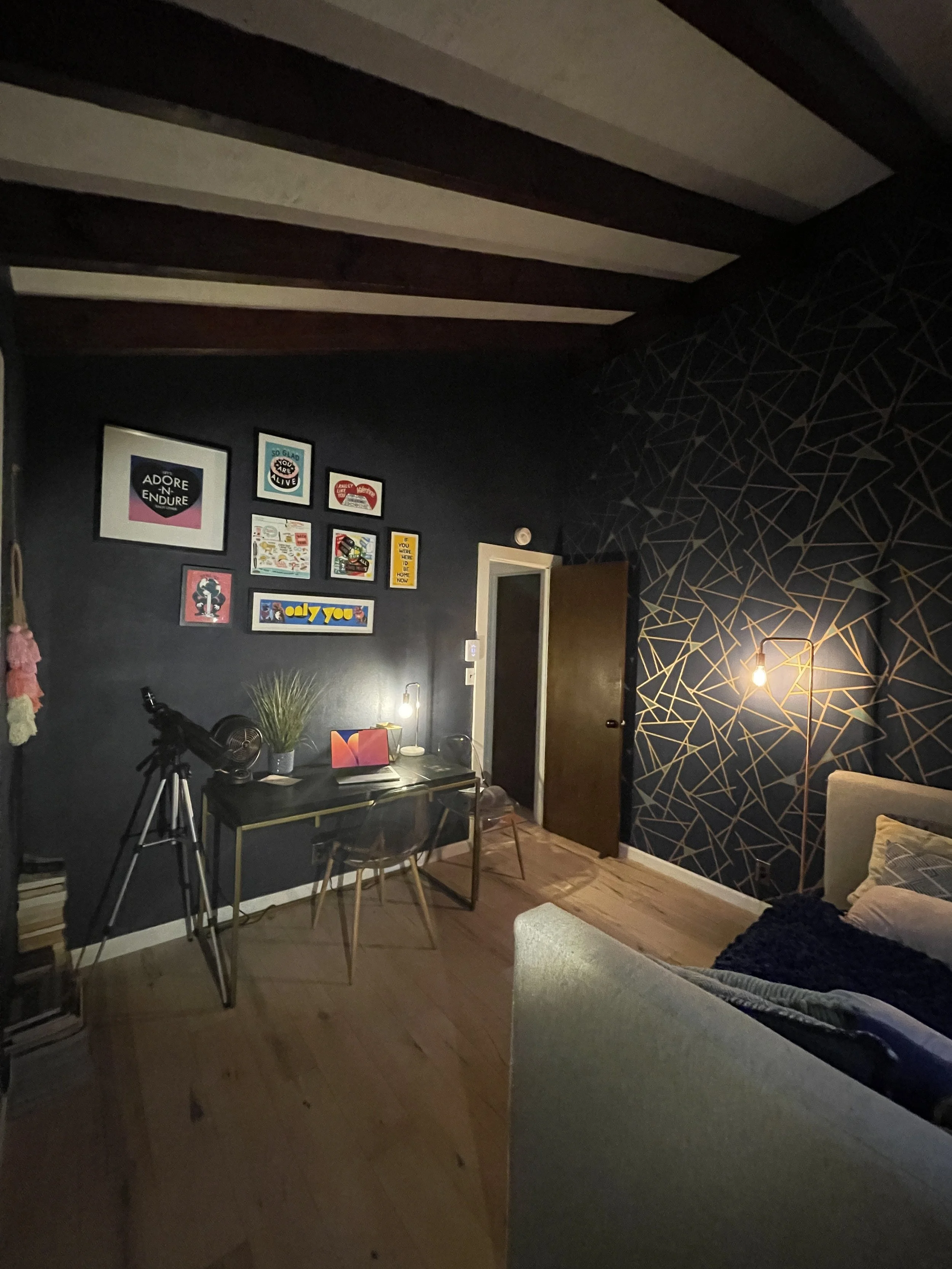 Navy Room with a pull out trundle bed &amp; desk.