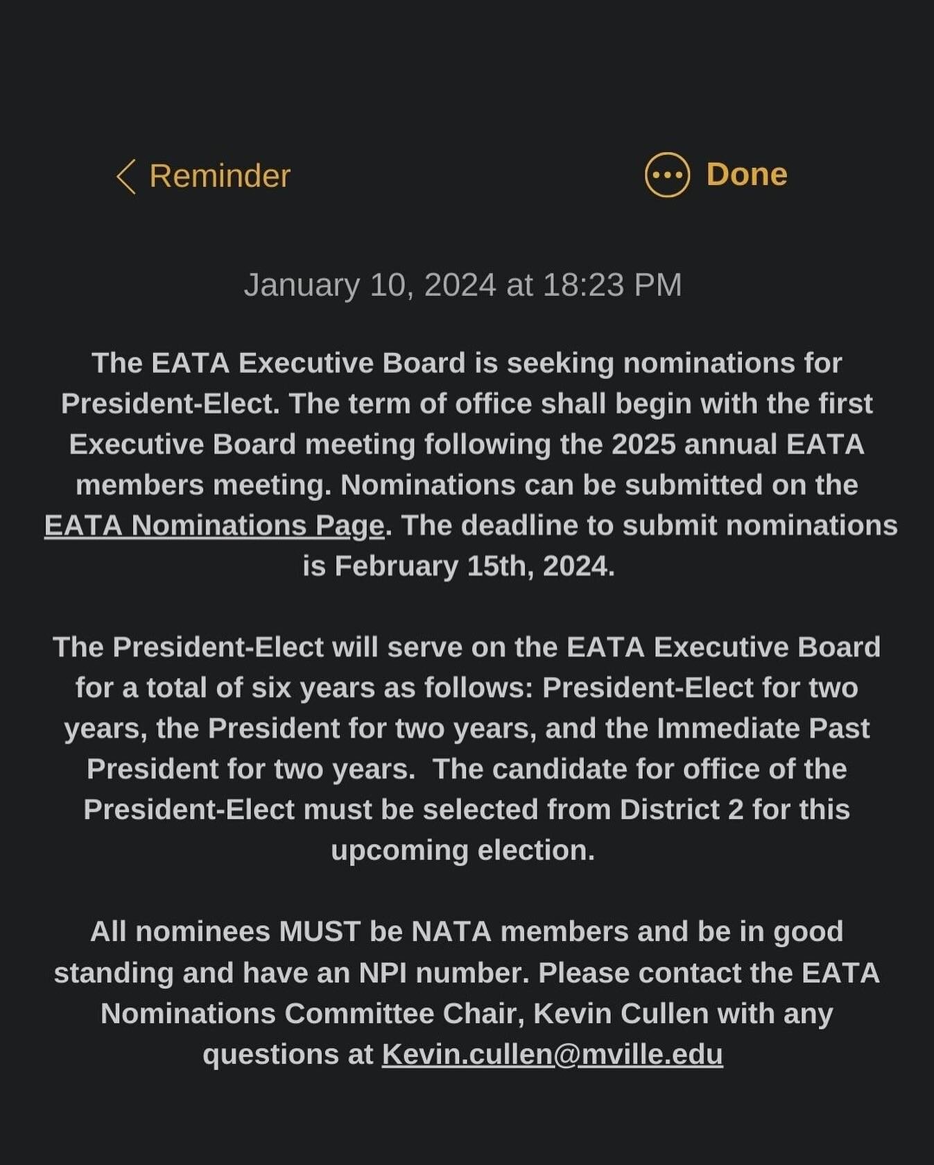 The executive board is seeking nominations for @eata_1949&rsquo;s next President-Elect. Follow this link 🔗 goeata.org/nominations by February 15, 2024