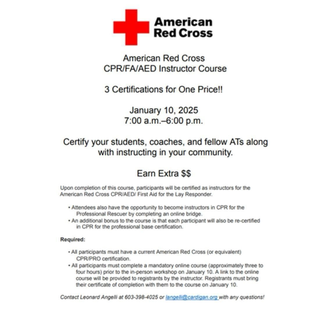 Please join us on Friday, January 10, 2025 during our 77th Annual Meeting &amp; Clinical Symposium for one of our additional workshop offerings.

American Red Cross Instructor Certification (Workshop A)
7:00 AM -6:00 PM

CEUs: 4
Cost: $450.00 members