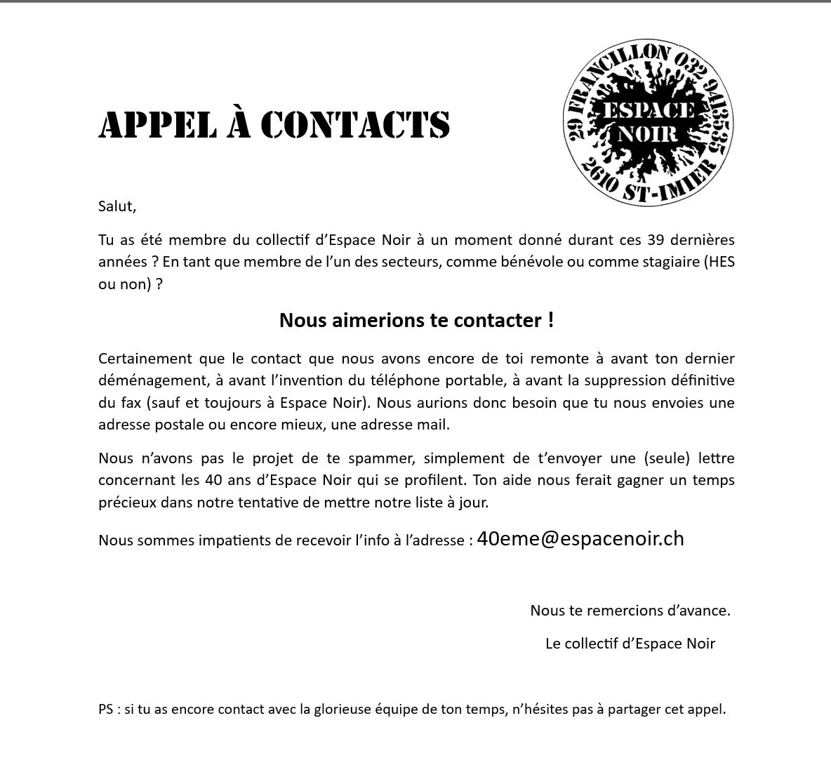 Appel à contacts !