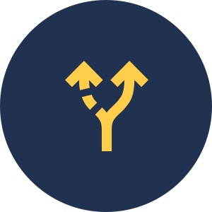 Ein  gelbes Icon auf dunkelblaumen Hintergrund, das die Möglichkeit für zwei Wege symbolisiert.