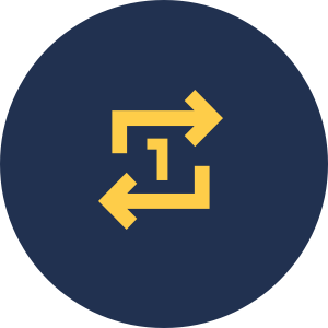 Ein  gelbes Icon auf dunkelblaumen Hintergrund, das Wiederholung durch die Zahl 1 und zwei Pfeile symbolisiert.