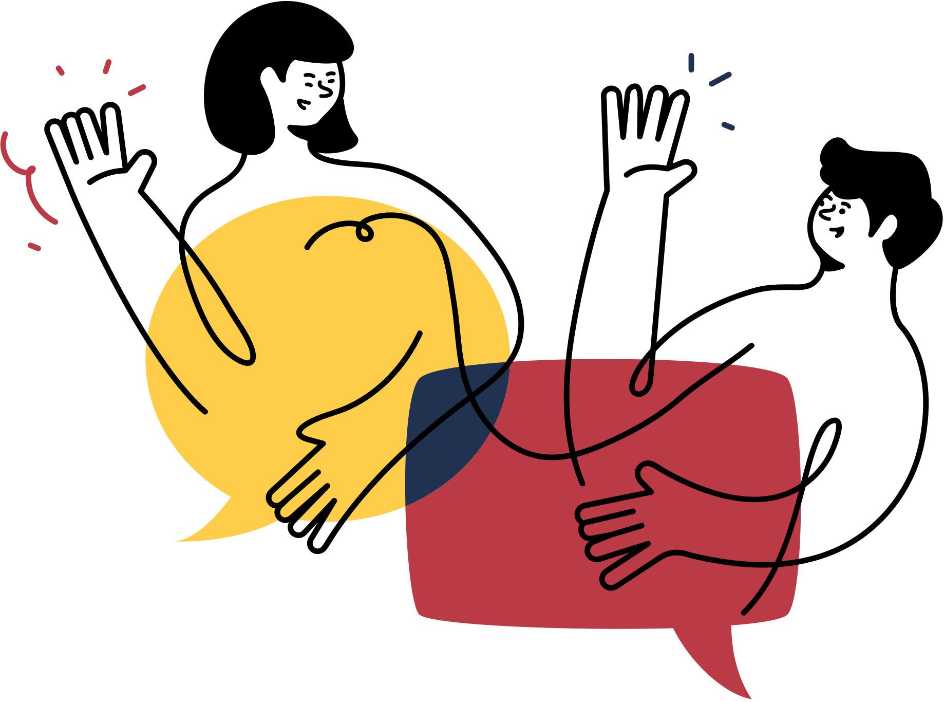 Zwei Sprechblasen in unterschiedlichen Farben sind mit Illustrationen von zwei Personen kombiniert, die sich gerade ein High-Five geben.
