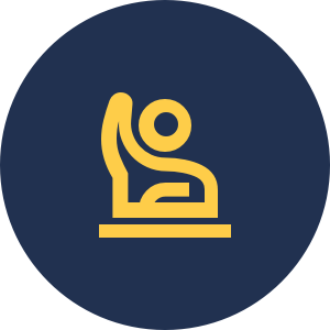 Ein  gelbes Icon auf dunkelblaumen Hintergrund, das eine proaktive Person zeigt, die gerade ihre Hand hebt.