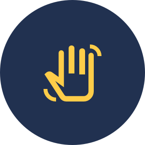 Ein  gelbes Icon auf dunkelblaumen Hintergrund, das eine winkende Hand präsentiert.