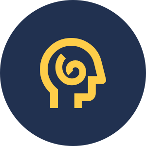 Ein Icon auf dunkelblaumen Hintergrund, das eine Silhouette von einem Kopf zeigt. Im Kopf befindet sich ein spiralförmiges Symbol.