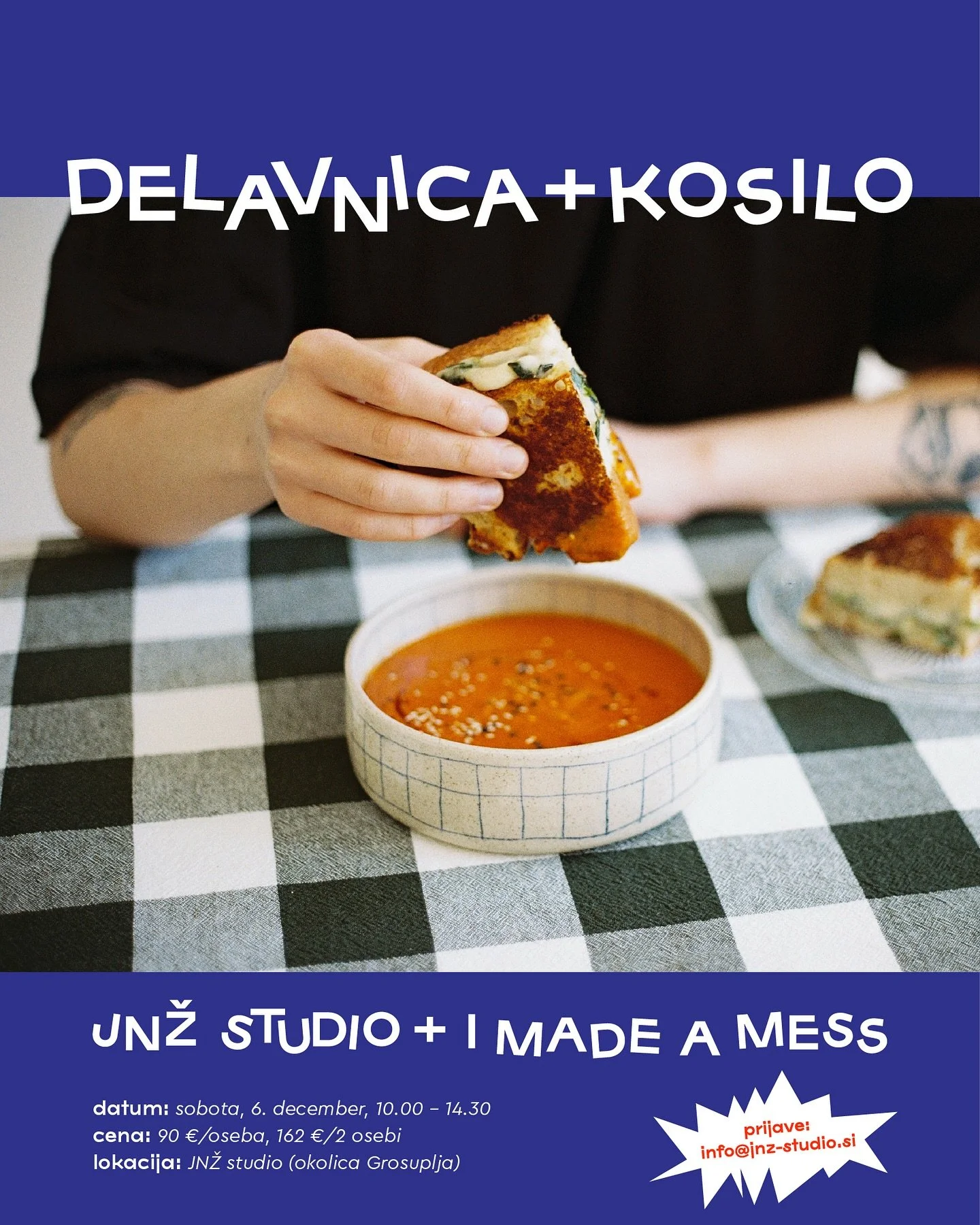 DELAVNICA + KOSILO 💙 Okej, končno!

&mdash; @jnz_studio: oblikovanje dveh skodelic ali ene vaze iz gline; izdelki bodo potem su&scaron;eni, žgani in glaziranj, prejeli boste primerne za uporabo v gospodinjstvu
&mdash; @imade_amess: vegansko kosilo 
