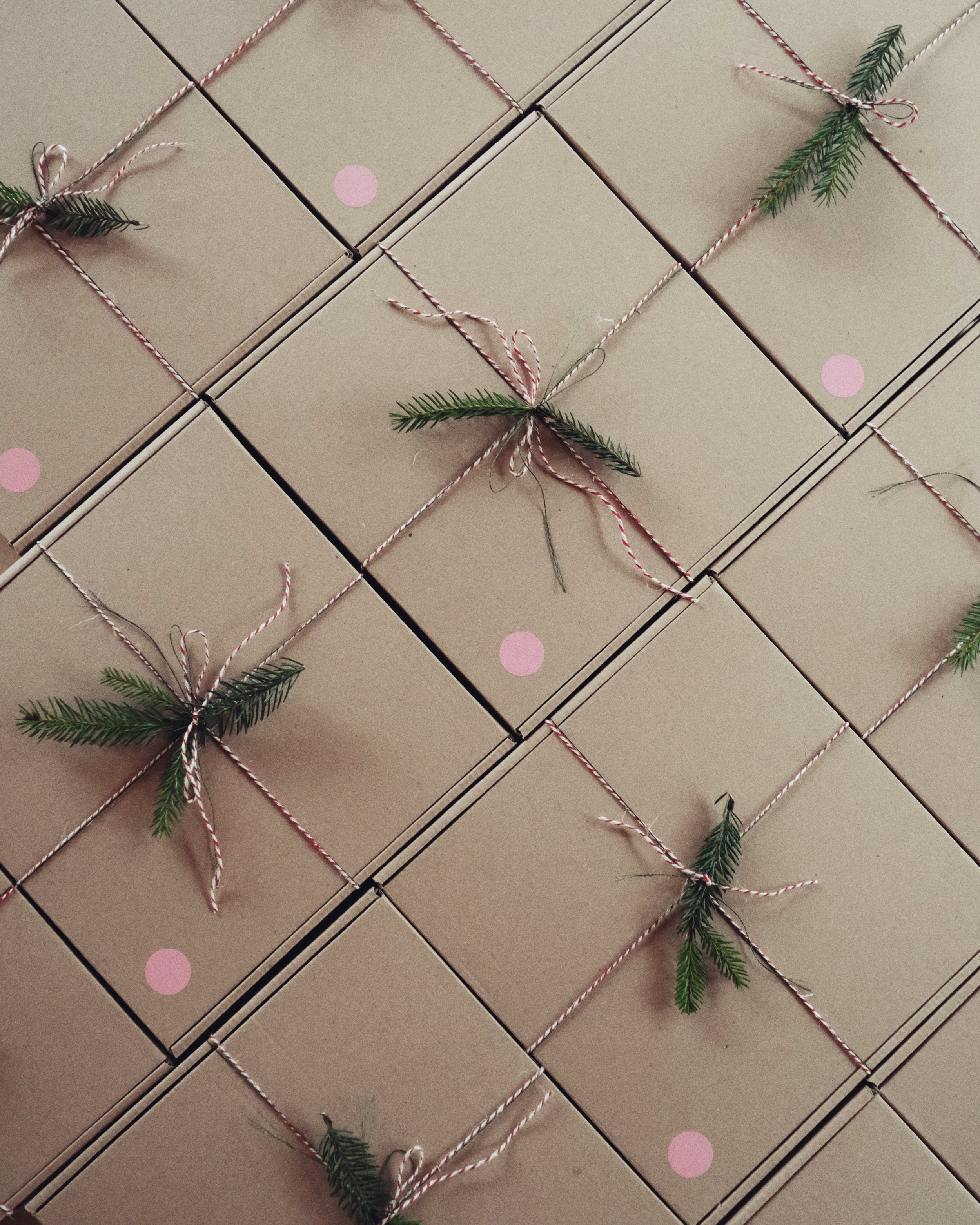 Multiple plain cardboard boxes decorated with pink polka dots, tied with red and white striped string, and adorned with small green pine branches.