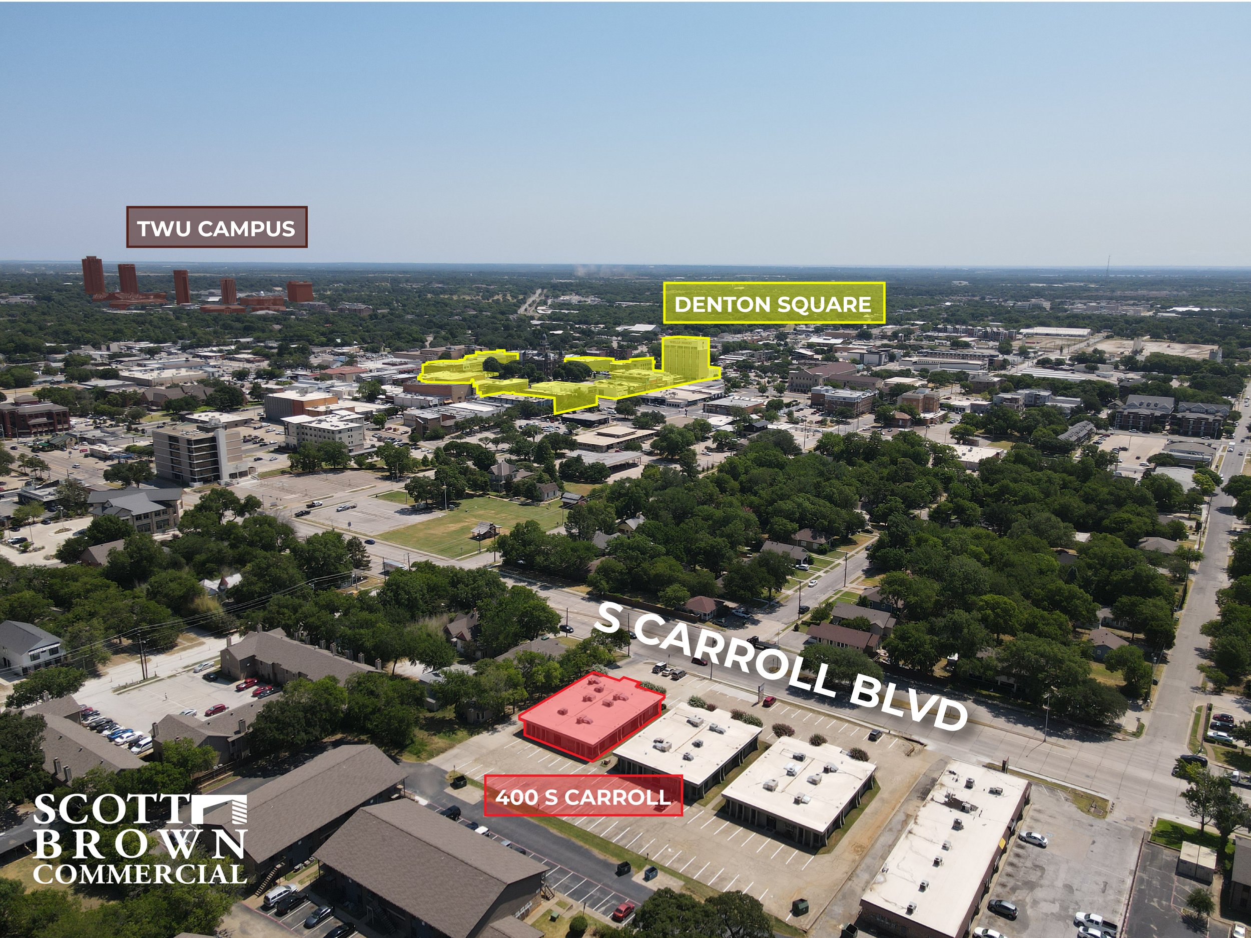  view of the neighborhood with 400 S Carroll Boulevard’s building highlighted in red 