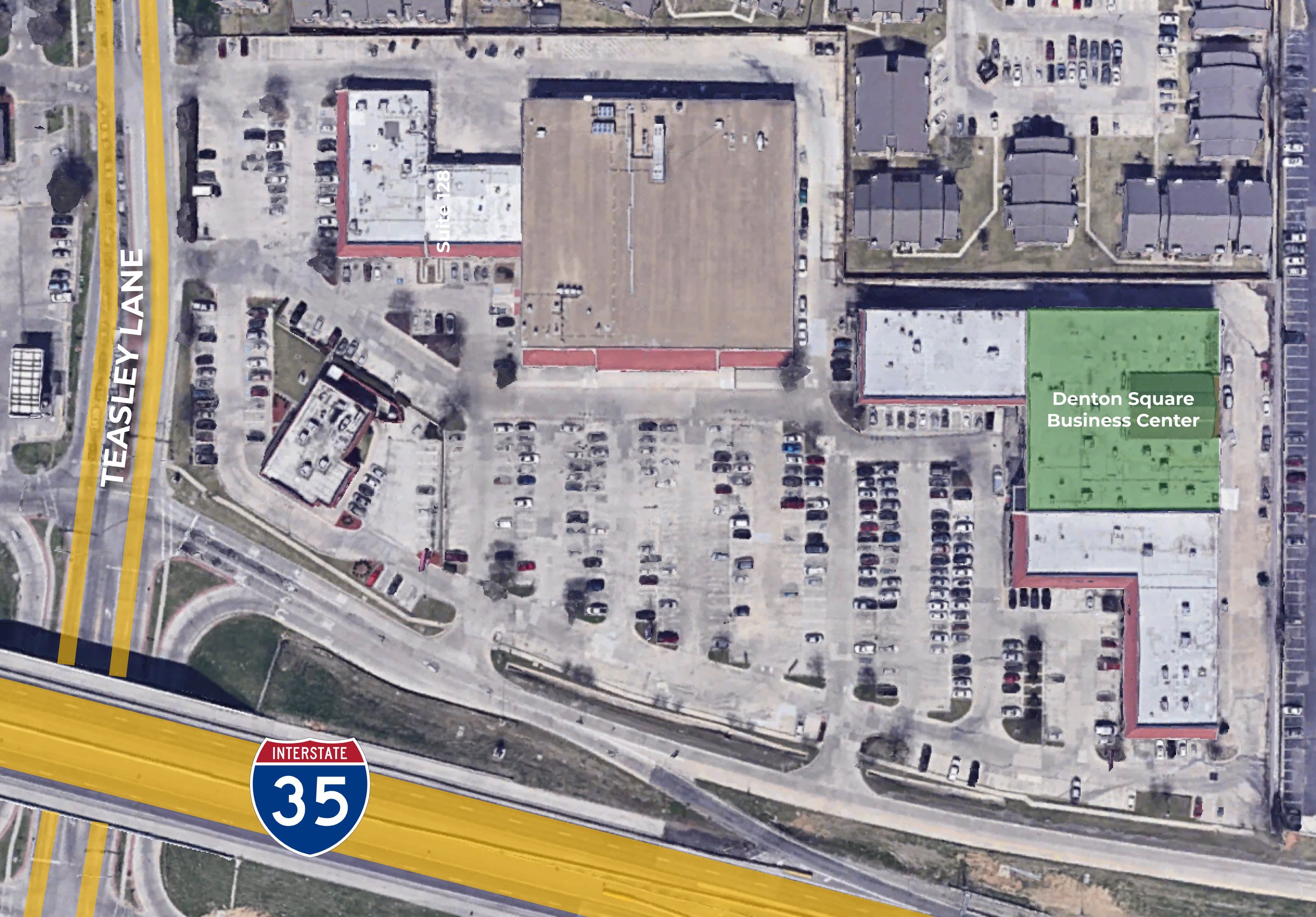  top down view of the shopping area Denton Square Business Center is at with its building dimensions highlighted in green 