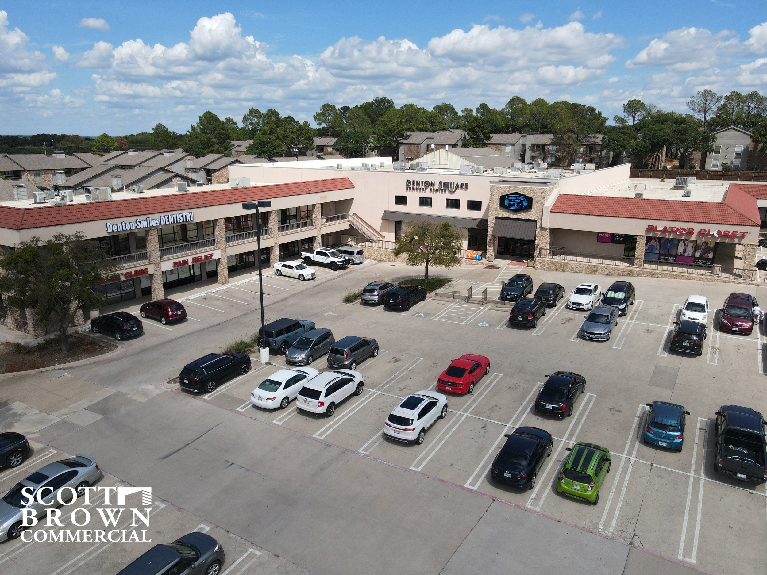  view of the Denton Square Business Center from drone height from across the parking lot 