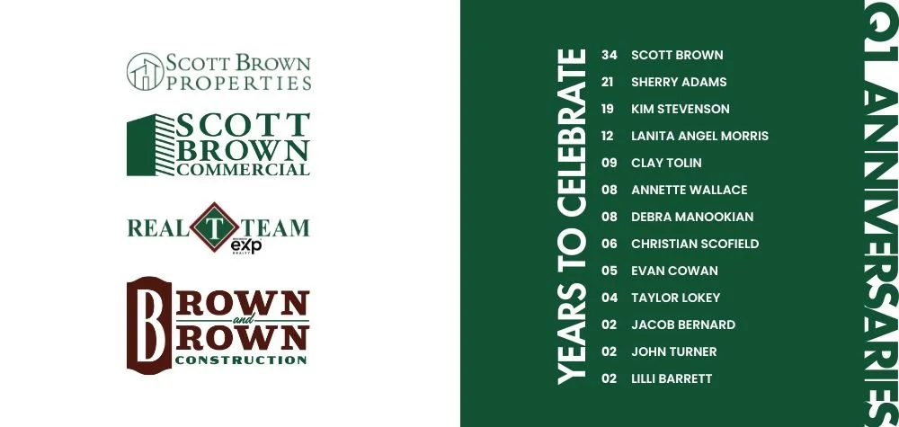 Company logos of Scott Brown Properties, Scott Brown Commercial, Real Team EXP, and Brown and Brown Construction, alongside a list of names with years celebrating 21 years of anniversary.