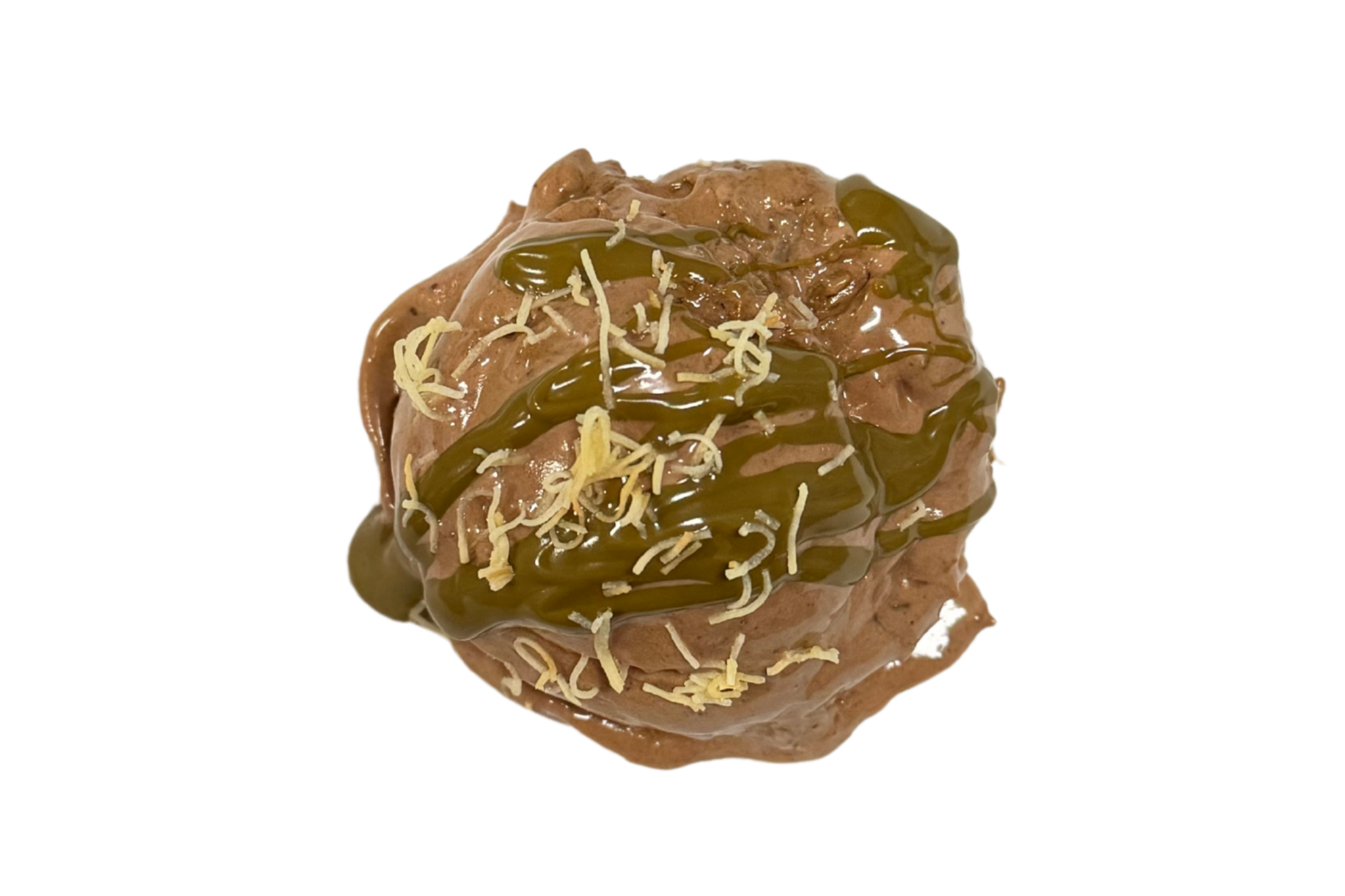 A scoop of Dubai Chocolate gelato; rich chocolate gelato with pistachio cream and kadayif.