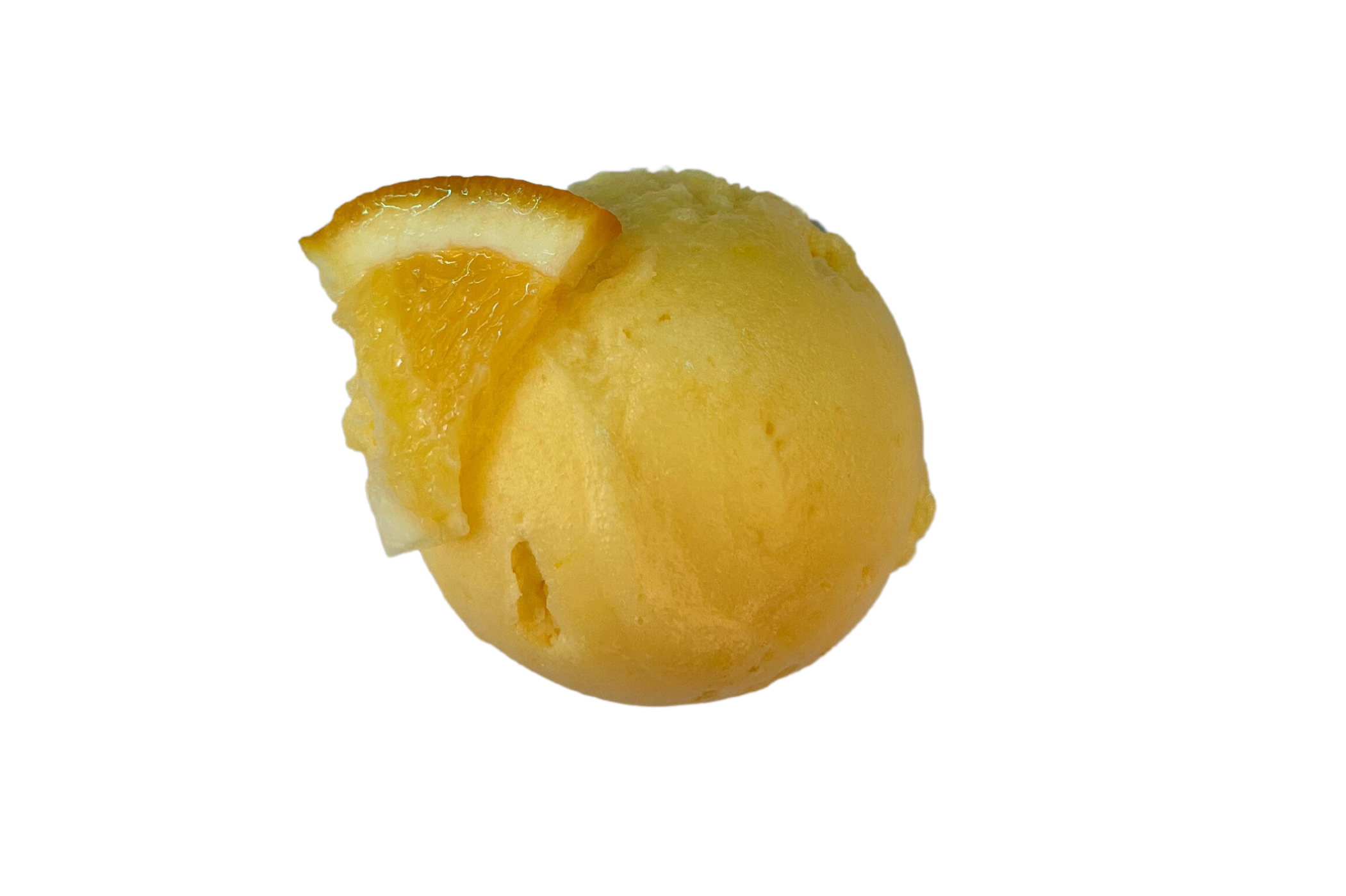 A scoop of orange sorbet with an orange slice garnish on a black background.