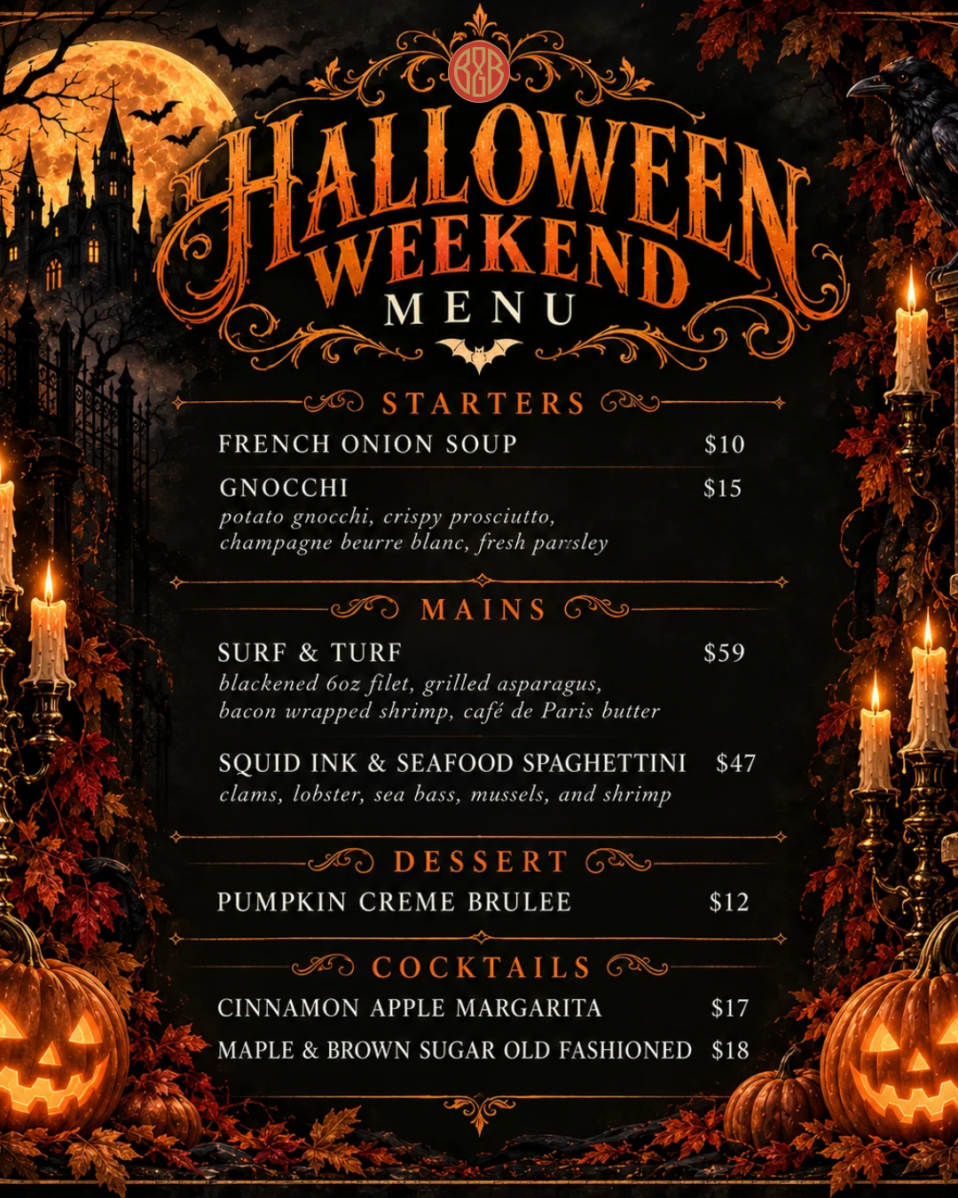 Halloween Weekend Menu featuring starters, mains, dessert and cocktails