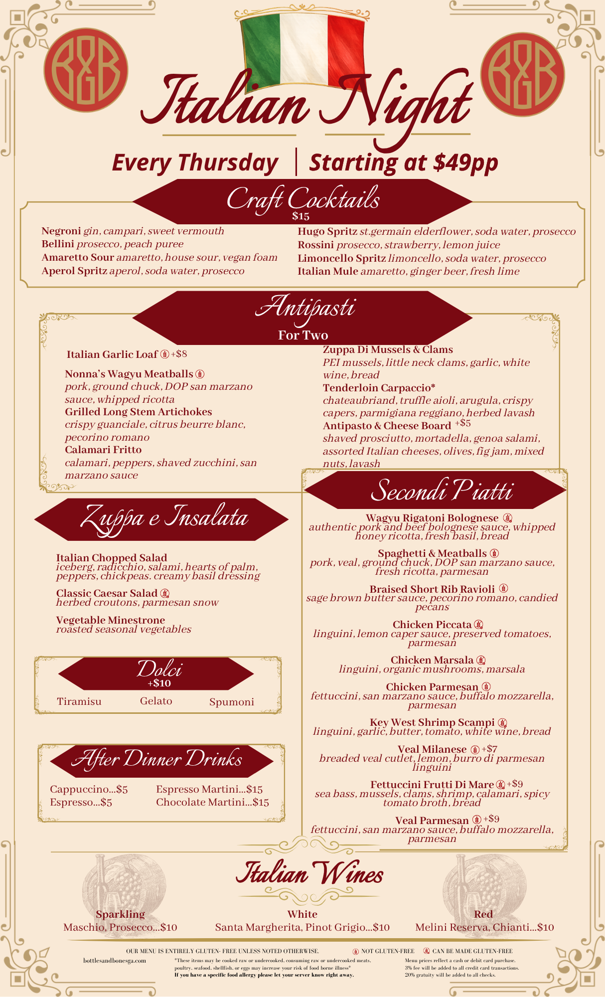 Authentic Italian Night Every Thursday | Bottles & Bones — Bottles and ...