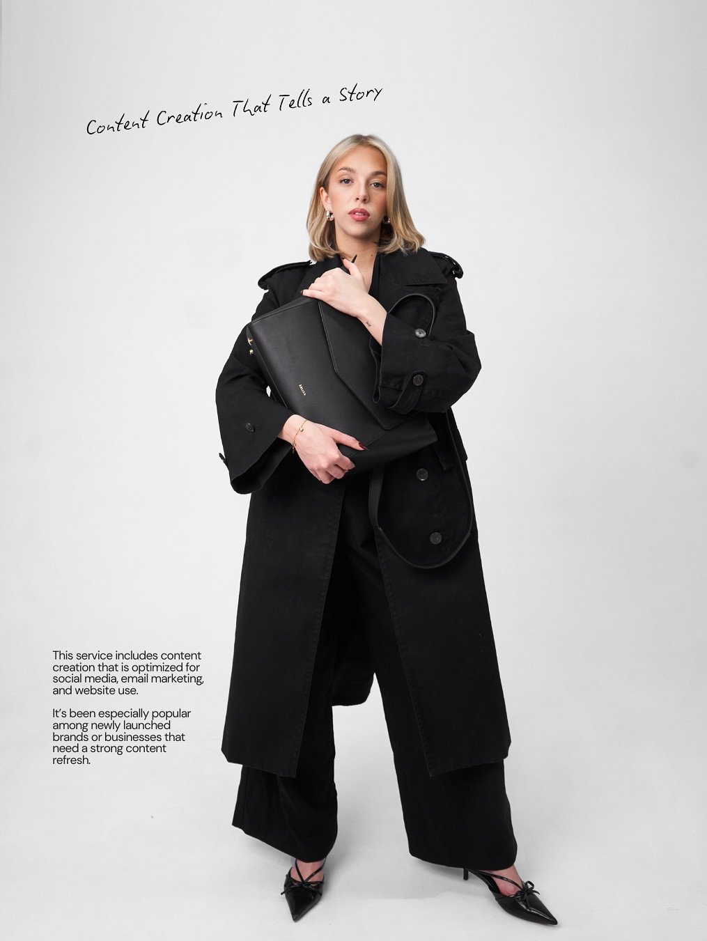 Designed for the business owner who needs trendy, editorial and aesthetic content. 

Our Content Creation package includes edited Reels, UGC, and edited editorial photos taken in studio &amp; outdoor. 

Deliverables are quick and we make it work base
