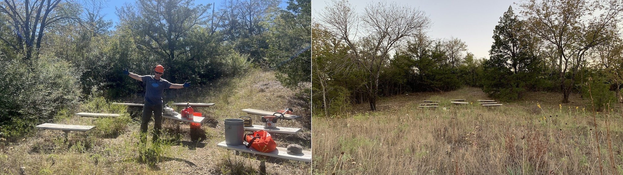  Outdoor Classroom brush clearing by Cody, Noah and Matt, a hired crew. Before and After pics. 