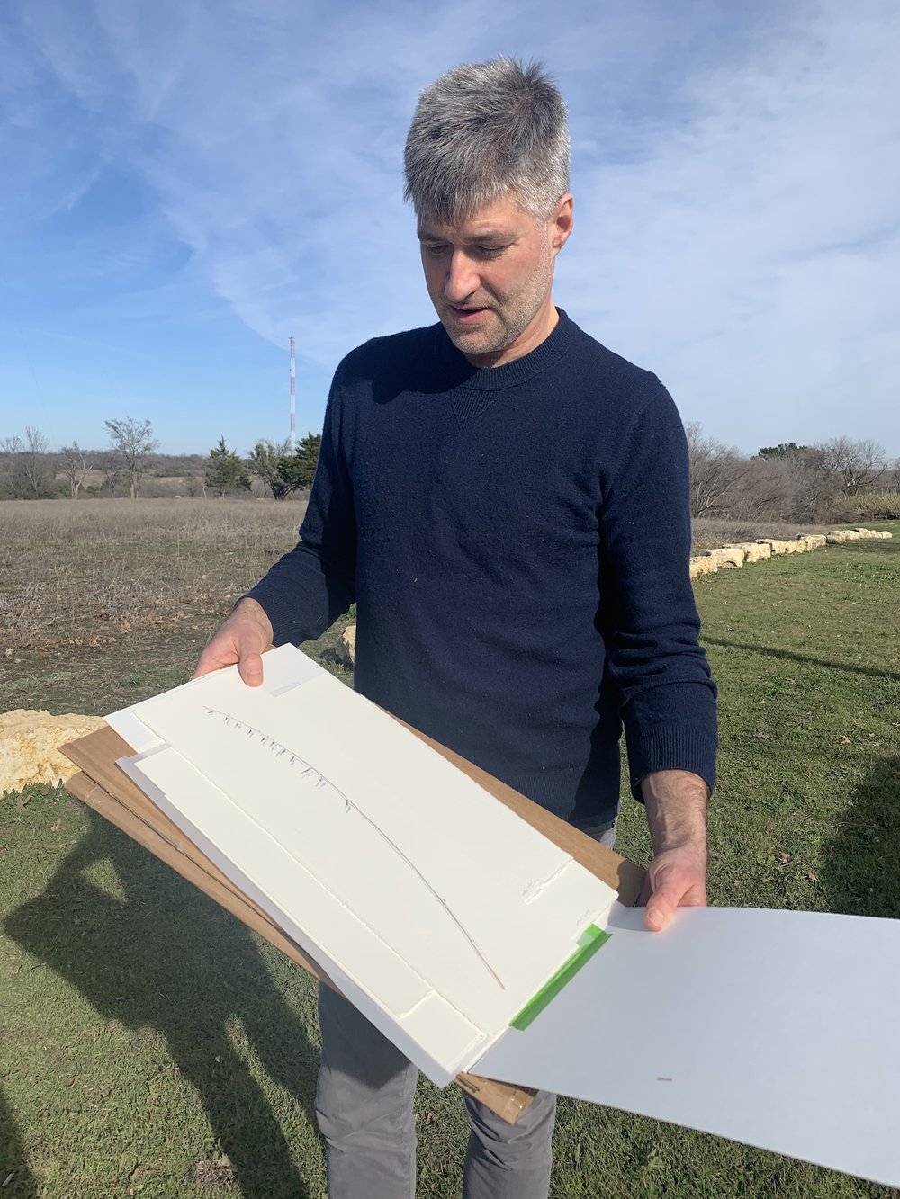  Talk about serendipity. None other than the artist, James Prosek, visited Tandy Hills on January 19th. He’s holding a sketch he just made of  Side-oats Grama Grass . 
