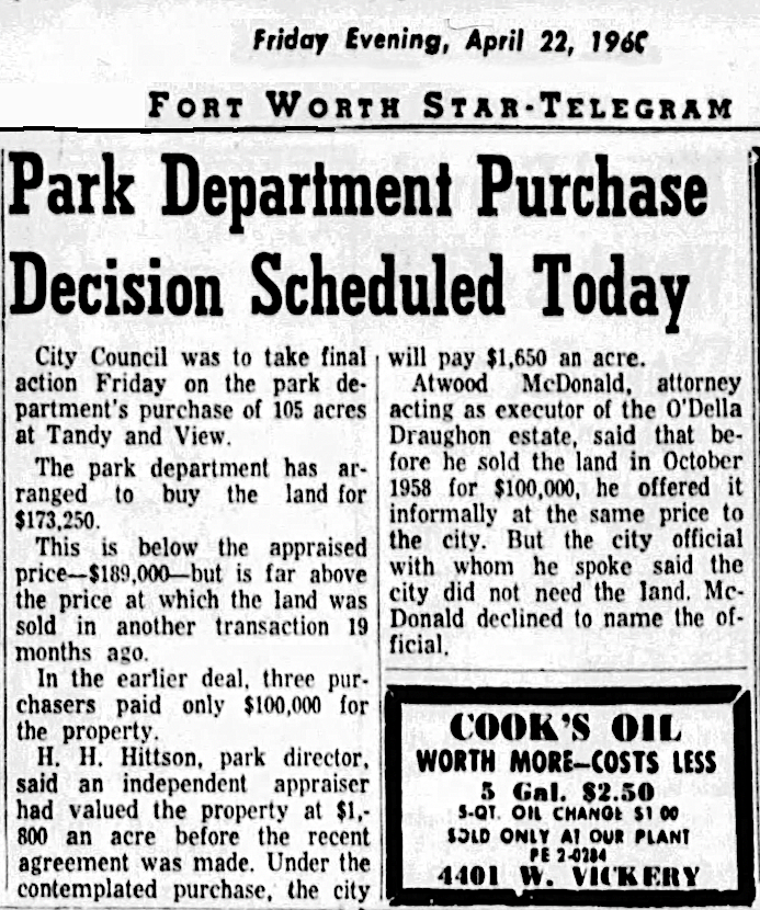  Fort Worth City Council agreed to purchase the land on April 22, 1960. 