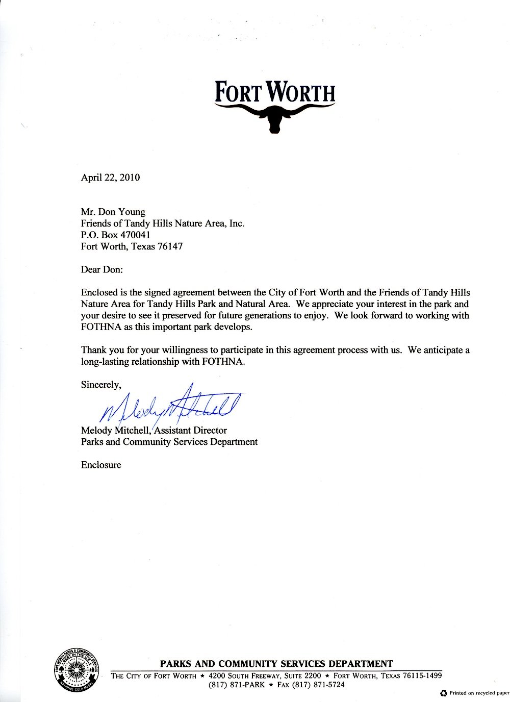  Letter from Fort Worth Park &amp; Rec Director, Melody Mitchell, in 2010, acknowledging a support agreement with Friends of Tandy Hills. 