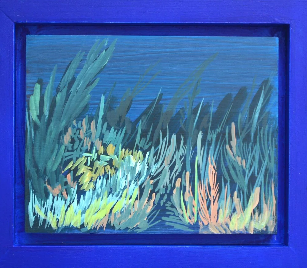   A Blue Tandy Hills  Acrylic on wood panel w/ handmade frame, 7.75” x 9.25” 2019 