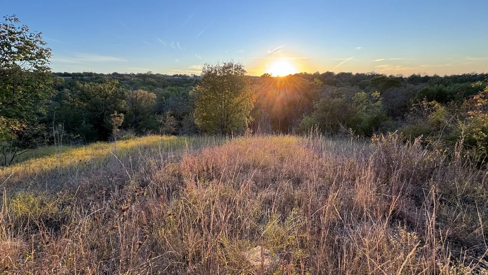  Glorious sunset view from the&nbsp;“ sky trail ” near the border of Tandy Hills and Broadcast Hill. Soon, the trees will show their fall colors. 