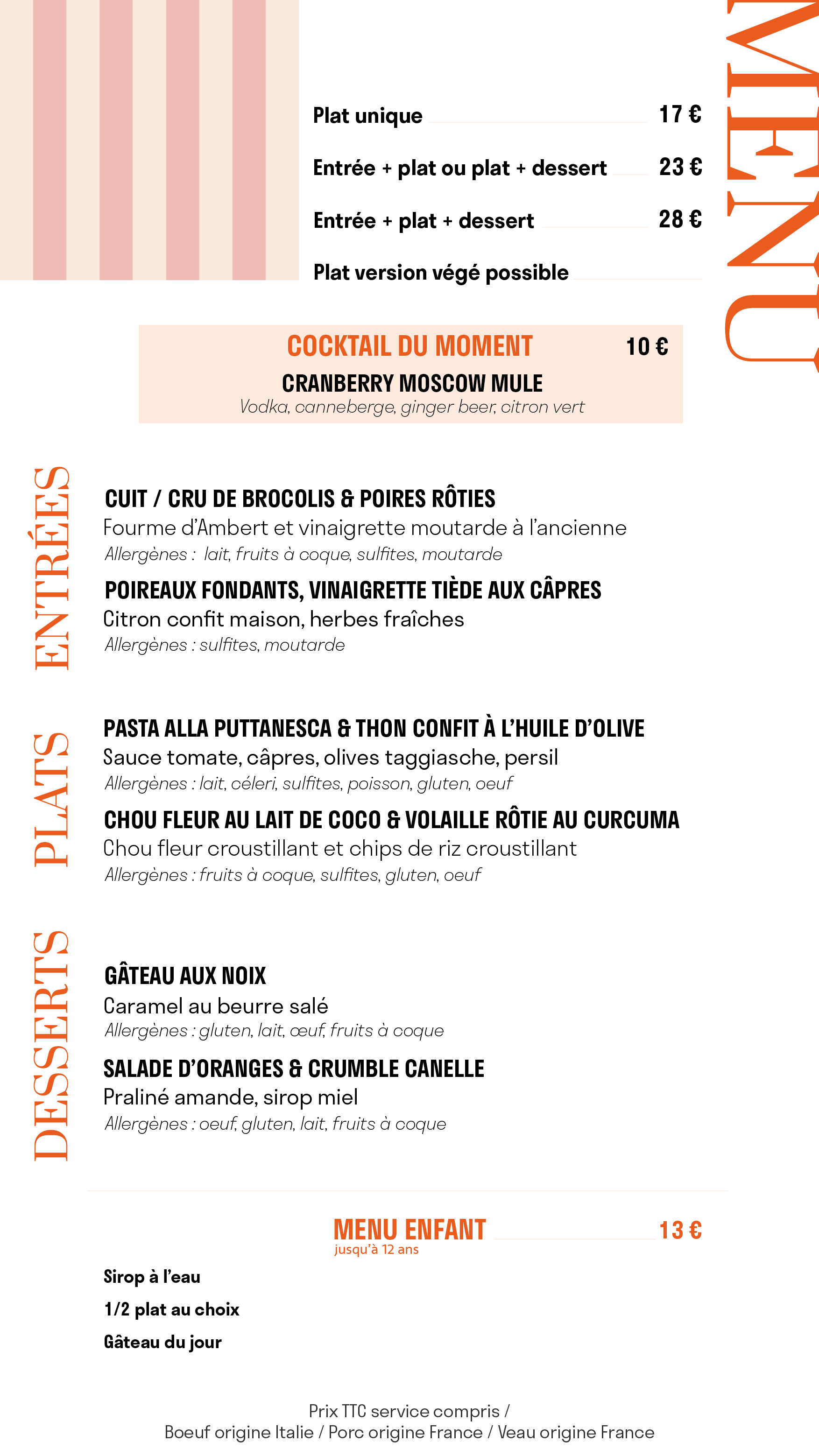 Menu de restaurant avec options de plats, desserts, cocktails et menu pour enfants, en français. Cuisine de saison, colorée. Bistronomique, restaurant, retour de marché.