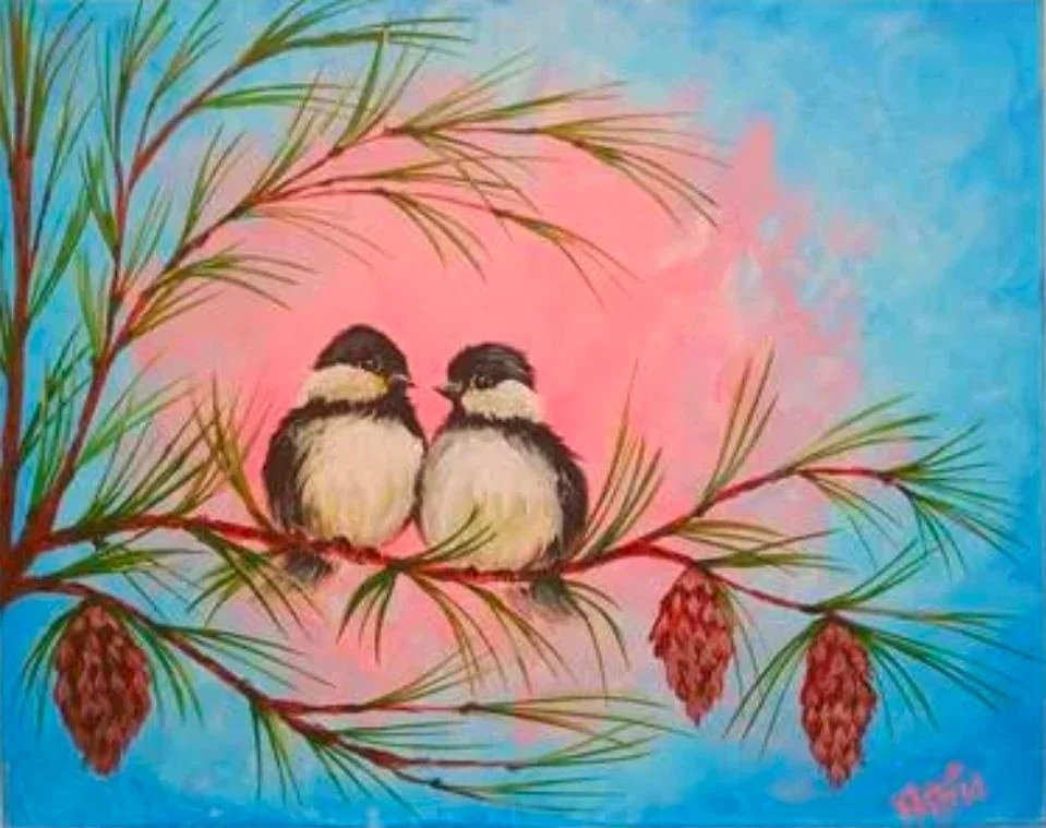 Painting of two chickadee love birds
