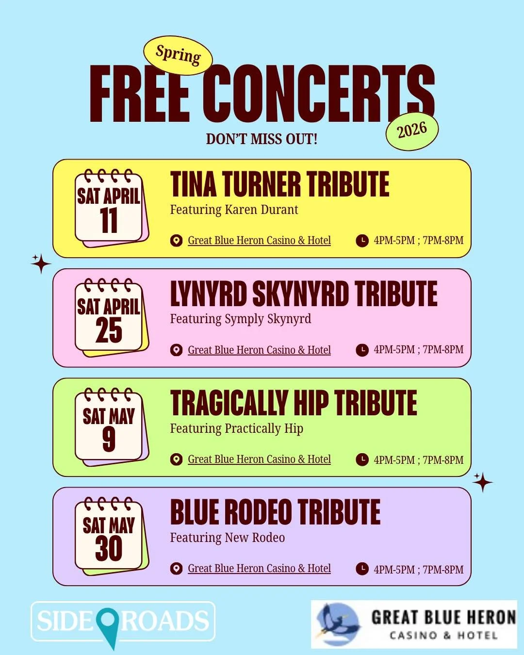 FREE Concerts happening in April and May at Great Blue Heron Casino and Resort!!

Check out sideroads.ca for event information #portperry #northdurham #culture #fun #freeconcert #tributeconcert #TributeBand #concert #greatblueheroncasino #FreeConcert
